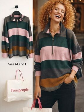 Free People Striped Half-Zip Pullover in Pink, Forest Green, Charcoal & Mustard